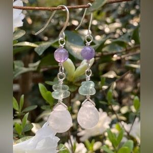 Handmade Amethyst, Fluorite & Clear Quartz Drop Earrings - Women Jewelry